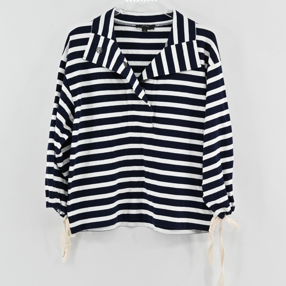 J Crew Striped Snap-Neck Knit Popover Womens Size M Nautical Striped Navy J2159